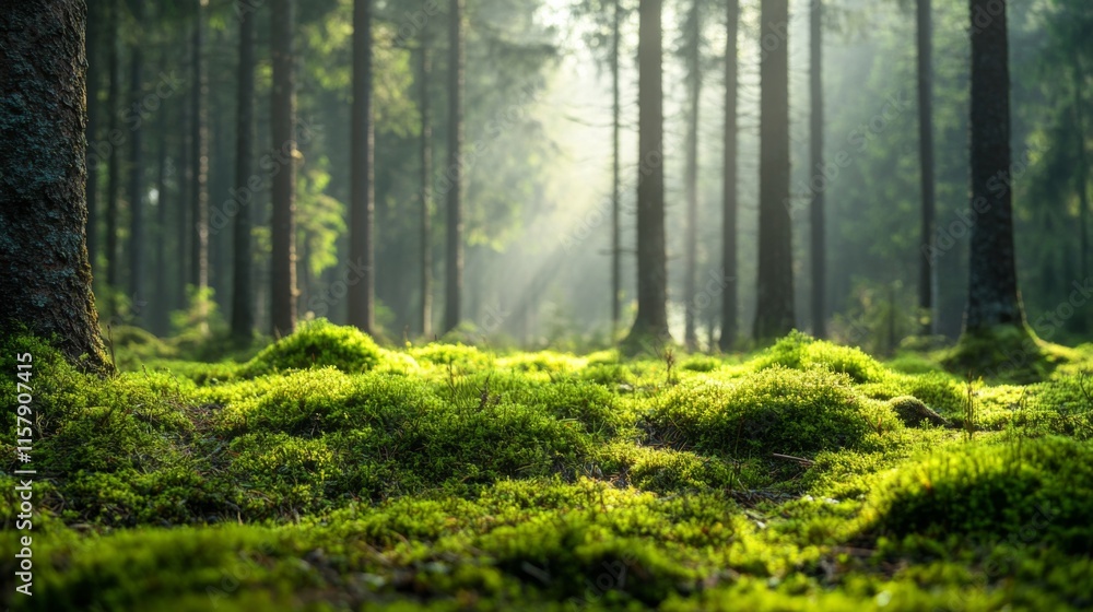 Fototapeta premium Serene Forest Scene with Soft Light and Mossy Ground