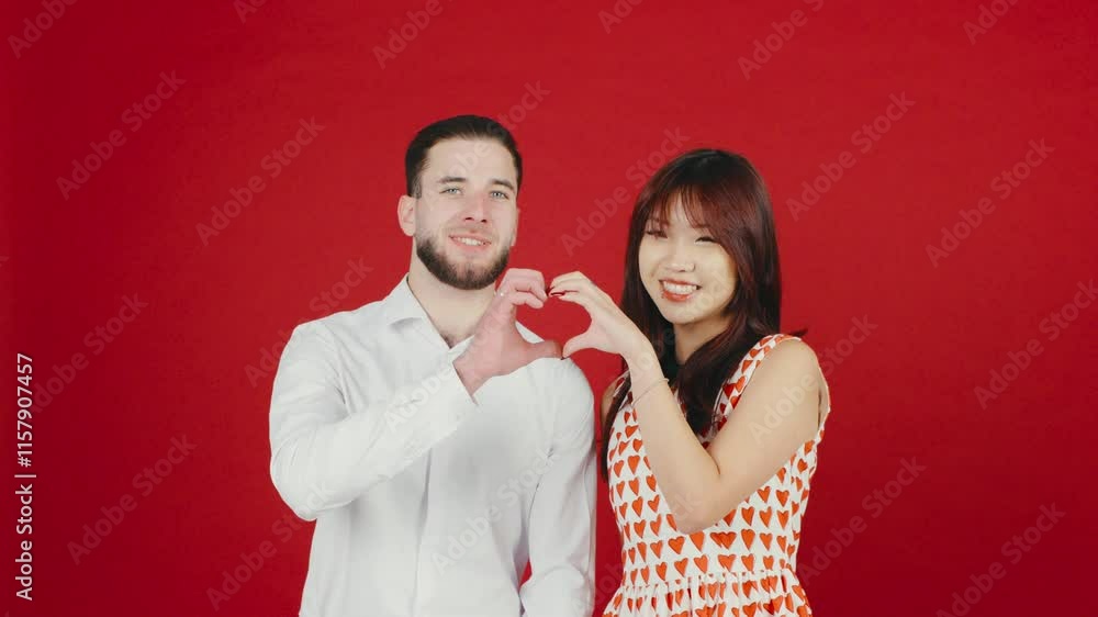 A couple joyfully making a heart gesture against a vibrant red background, symbolizing their love, connection, and happy relationship, valentines day A couple joyfully making a heart gesture against a vibrant red background, symbolizing their love, connection, and happy relationship, valentines day