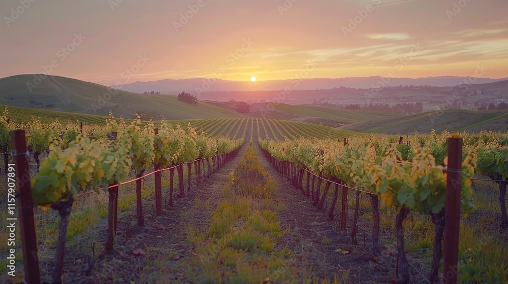Naklejka premium A serene vineyard at sunset, showcasing rows of grapevines under a colorful sky.
