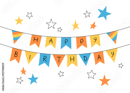 Happy Birthday greeting card. Vector illustration. Cute fun elements, party flags with text. Funny flat colorful simple kid bday card design