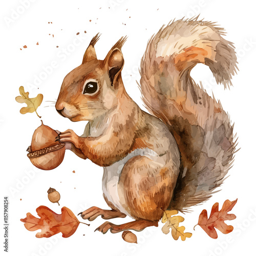 A watercolor painting of a squirrel gathering acorns, isolated on a white background. Squirrel vector.
