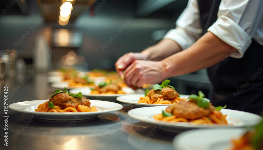 Chef Preparing Delicious Pasta Dishes in a Restaurant Kitchen Chef Preparing Delicious Pasta Dishes in a Restaurant Kitchen