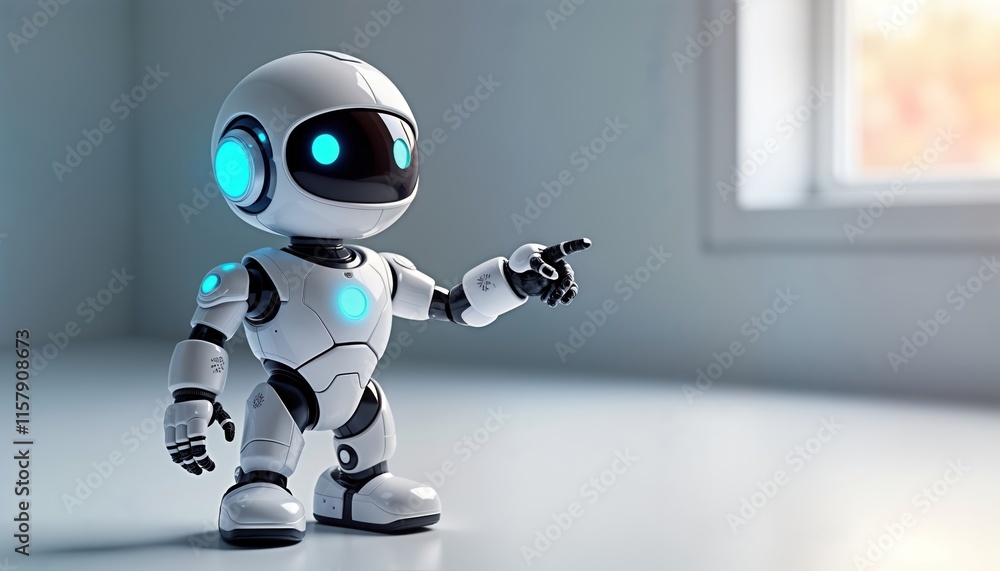 Cute robot points towards space. Friendly robot character displays positive energy. Modern tech design with empty background. Artificial intelligence concept. Robot shows direction with arm. Cute robot points towards space. Friendly robot character displays positive energy. Modern tech design with empty background. Artificial intelligence concept. Robot shows direction with arm.