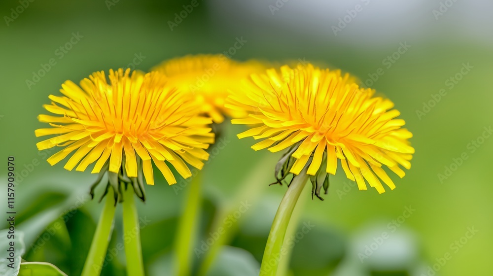 Naklejka premium Three yellow flowers are in a green background. The flowers are in the middle of the image