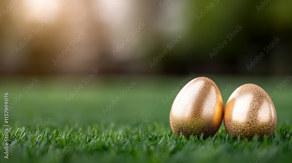 Two golden eggs are sitting on a green field. The eggs are facing each other. The grass is green Two golden eggs are sitting on a green field. The eggs are facing each other. The grass is green