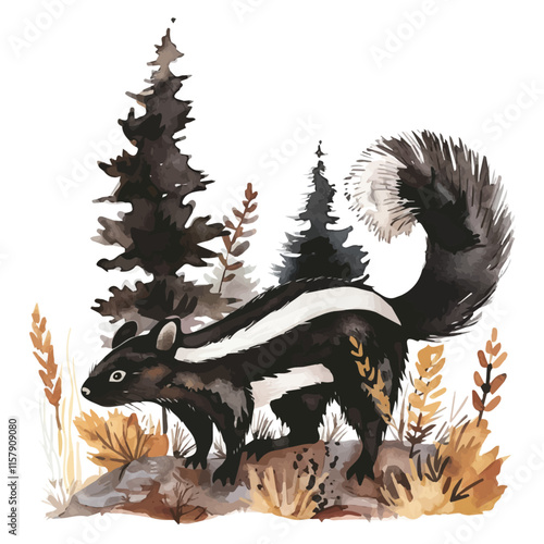 A watercolor drawing of a skunk sniffing around the forest, isolated on a white background. Skunk vector.
