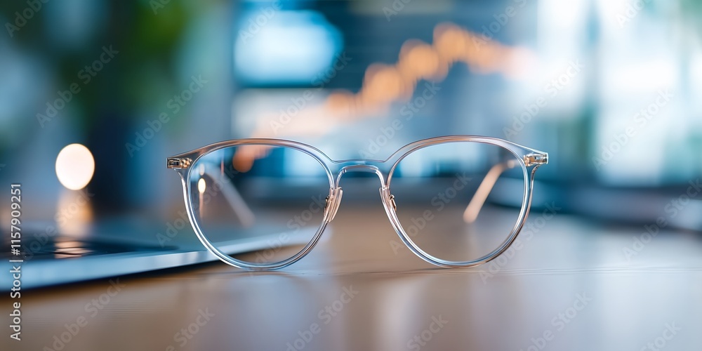 Pair of glasses is on a table. The glasses are clear and have a black frame Pair of glasses is on a table. The glasses are clear and have a black frame