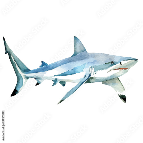A watercolor of a shark swimming through the deep sea, isolated on a white background. Shark vector.
