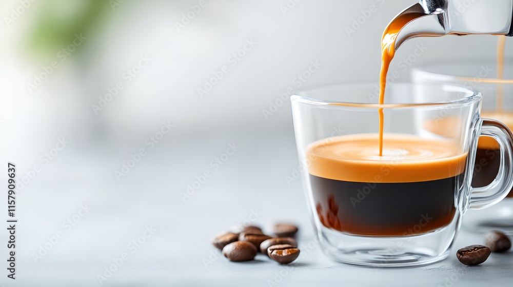 Glass of coffee with a spoon in it. The coffee is brown and has a lot of foam on top Glass of coffee with a spoon in it. The coffee is brown and has a lot of foam on top