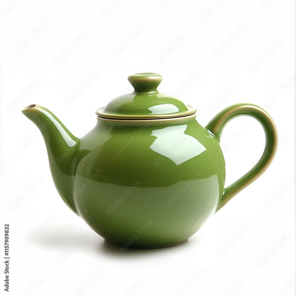 A green tea kettle with a white lid sits on a white background. The kettle is made of ceramic and has a shiny, smooth surface. The lid is slightly smaller than the kettle A green tea kettle with a white lid sits on a white background. The kettle is made of ceramic and has a shiny, smooth surface. The lid is slightly smaller than the kettle