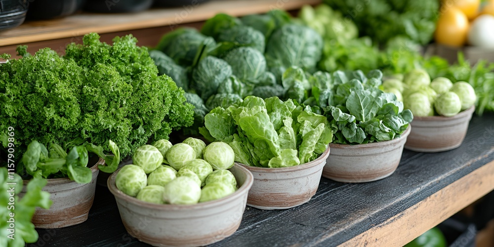 Variety of fresh vegetables are displayed on a wooden table, including several bowls Variety of fresh vegetables are displayed on a wooden table, including several bowls
