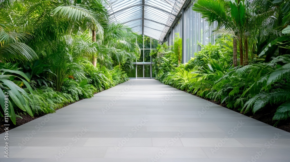 Long hallway with a lot of plants. The plants are green and are in a greenhouse Long hallway with a lot of plants. The plants are green and are in a greenhouse