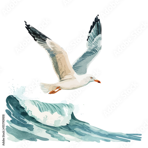 A watercolor illustration of a seagull catching crumbs in midair, isolated on a white background. Seagull vector.
