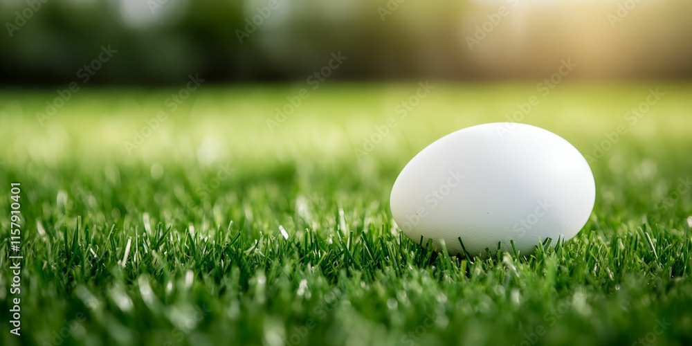 White egg is laying on the grass. The egg is laying on the grass in the middle of the field White egg is laying on the grass. The egg is laying on the grass in the middle of the field