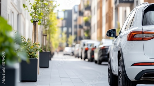 Wallpaper Mural White car is parked on the side of a street. There are several other cars parked along the street Torontodigital.ca