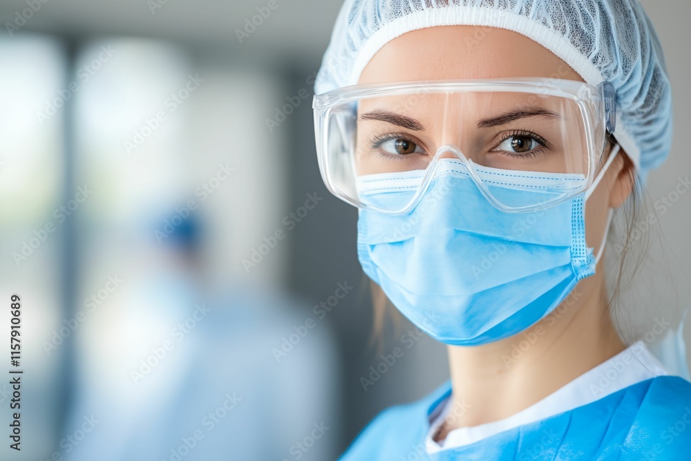 Woman wearing a blue surgical mask. She is wearing a white hat Woman wearing a blue surgical mask. She is wearing a white hat