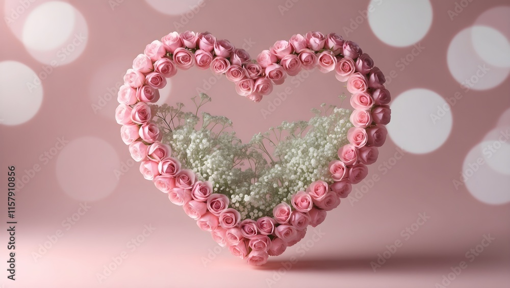 Romantic Heart Valentine Wallpaper: Captures an elegant heart made of pink roses and baby's breath against a soft, blurred background Romantic Heart Valentine Wallpaper: Captures an elegant heart made of pink roses and baby's breath against a soft, blurred background