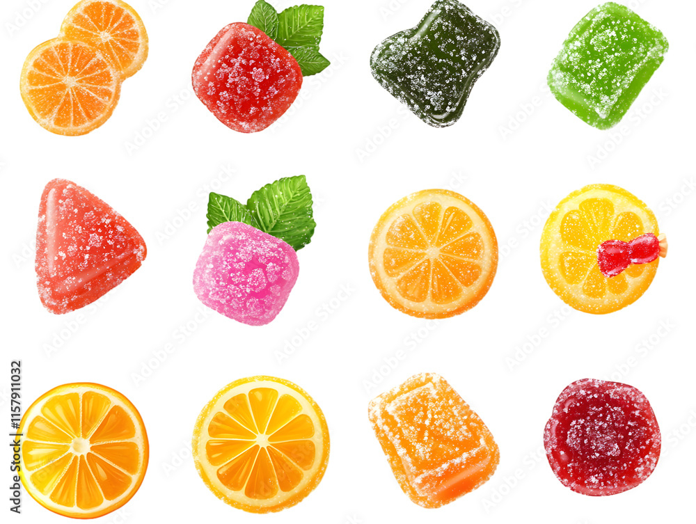 Naklejka premium Colorful gummy candies arranged in a delightful pattern featuring various shapes and flavors