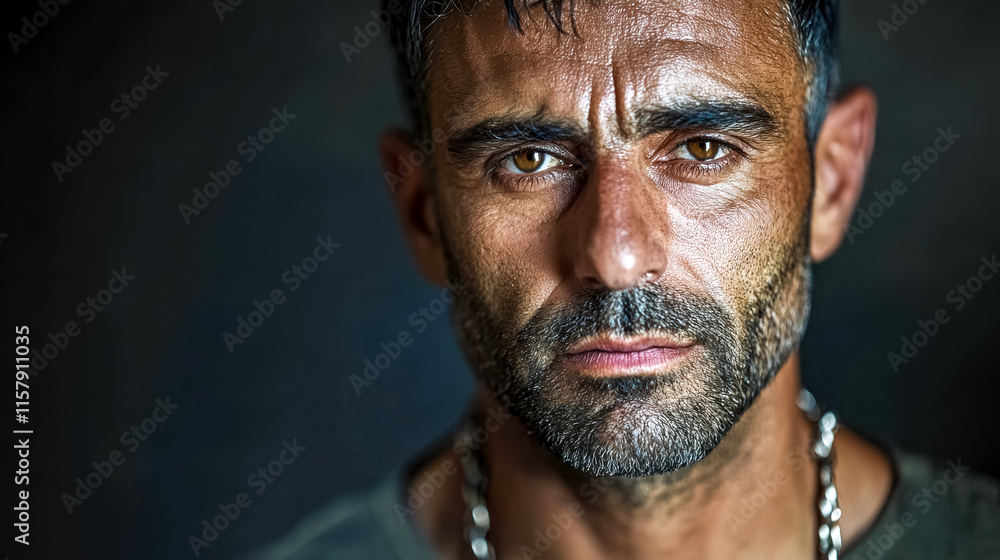 Fototapeta premium Tough man wearing silver chain showing serious expression