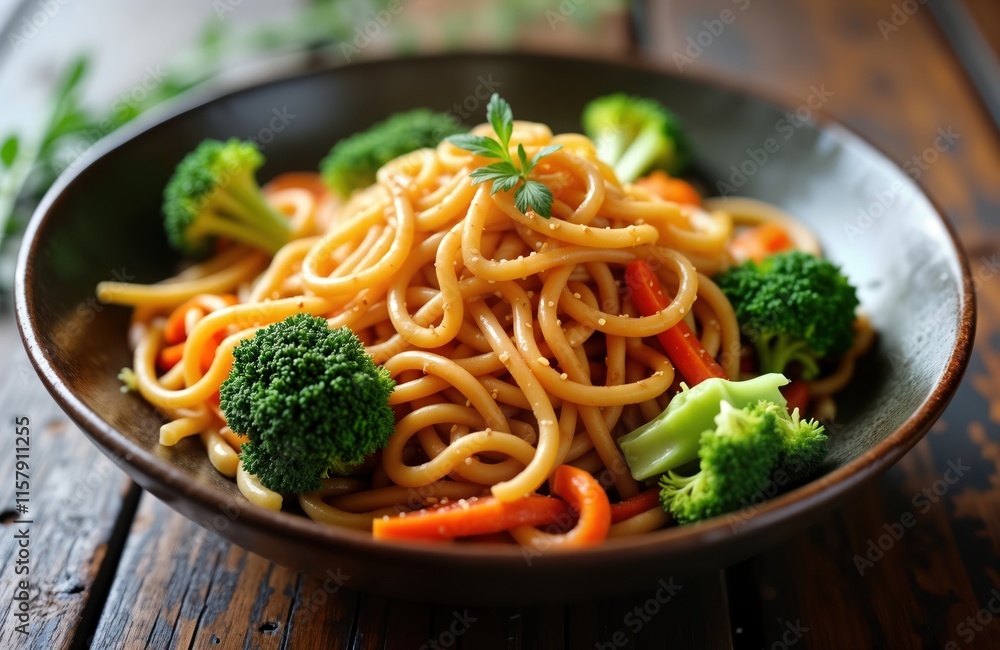 Stir-fried noodles with broccoli and carrots. Asian vegetarian dish in a bowl. Healthy and delicious meal with vibrant colors. Rustic wooden background. Culinary art displayed in traditional style. Stir-fried noodles with broccoli and carrots. Asian vegetarian dish in a bowl. Healthy and delicious meal with vibrant colors. Rustic wooden background. Culinary art displayed in traditional style.