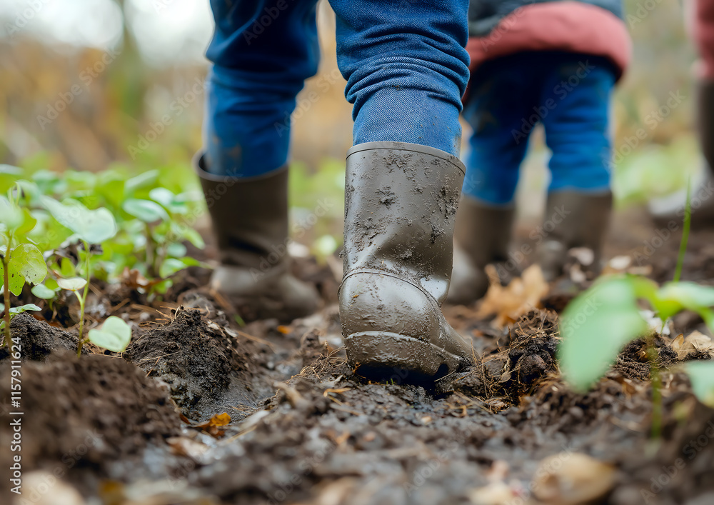 Fototapeta premium Children Trekking Through Muddy Garden
