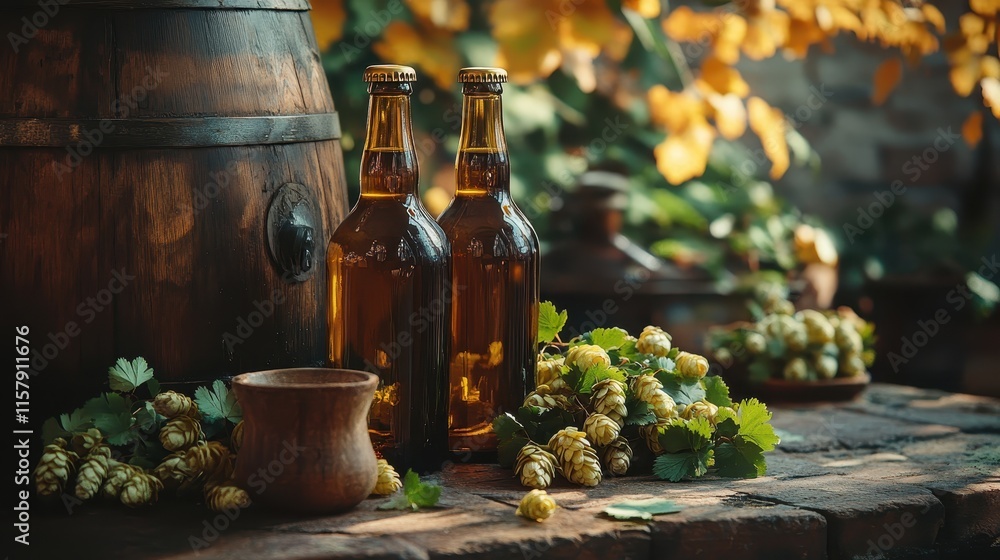 Rustic Beer Brewing Scene with Amber Bottles, Wooden Barrel, and Fresh Hops Rustic Beer Brewing Scene with Amber Bottles, Wooden Barrel, and Fresh Hops