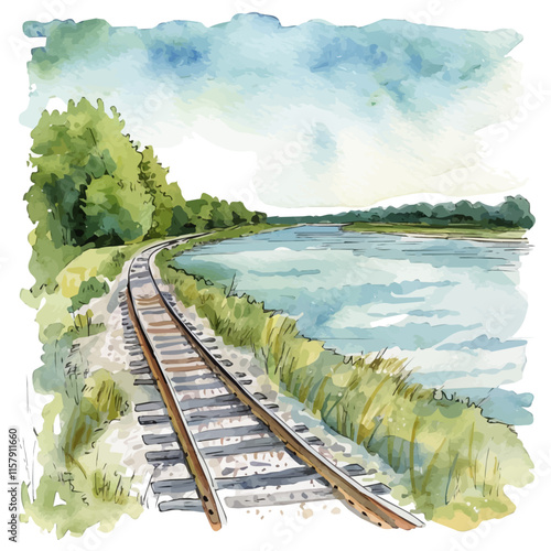 A watercolor painting of a rail running along a riverbank, isolated on a white background. Rail vector.
