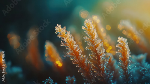 A close-up macro view of frosty pine needles, glistening with morning dew, illuminated by golden sunrise hues photo