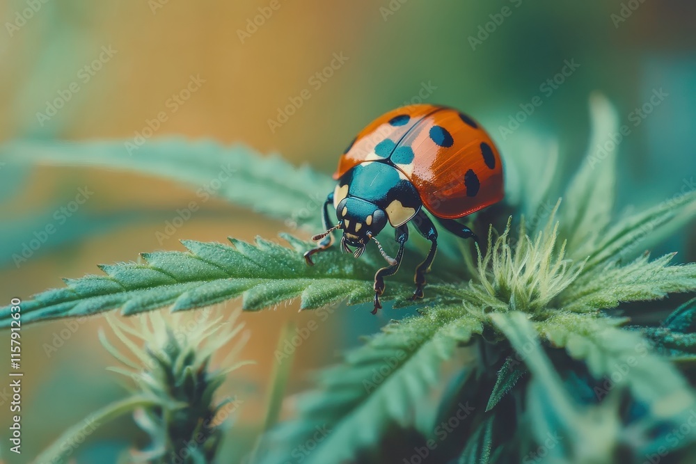 Macro Photograph of a Vibrant Ladybug on a Textured Green Leaf Macro Photograph of a Vibrant Ladybug on a Textured Green Leaf