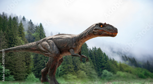 Tyrannosaurus. Tyrannosaurus model against a forest background.