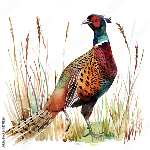 A stunning illustration of a pheasant hiding in autumn leaves, showcasing its vibrant colors amidst the fall foliage.

