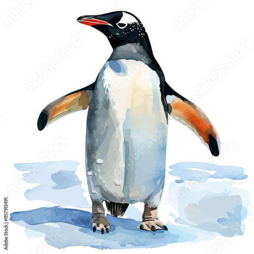 A whimsical depiction of a penguin waddling across icy terrain, highlighting its unique movements in a cold environment.

