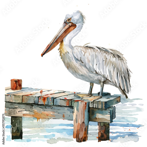 A serene portrayal of a pelican resting on a pier, capturing its calm demeanor by the water.

