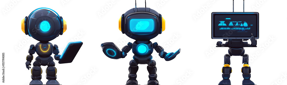 Cute and Colorful Cartoon Robot Character with Tablet, Phone, and Computer Screen Displays Cute and Colorful Cartoon Robot Character with Tablet, Phone, and Computer Screen Displays