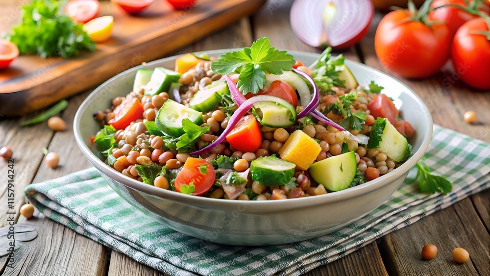 Lentil salad with fresh vegetables on a wooden table with tomatoes in the background Lentil salad with fresh vegetables on a wooden table with tomatoes in the background
