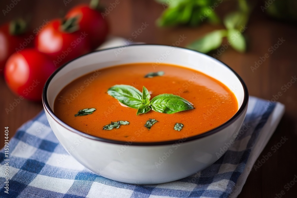 Fresh tomato soup garnished with basil in a white bowl on checkered napkin Fresh tomato soup garnished with basil in a white bowl on checkered napkin