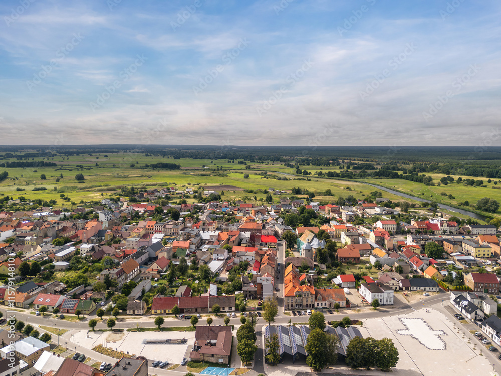 Summer aerial skyline cityscape of Wieleń, Wielkopolska, Poland. Wide panoramic view