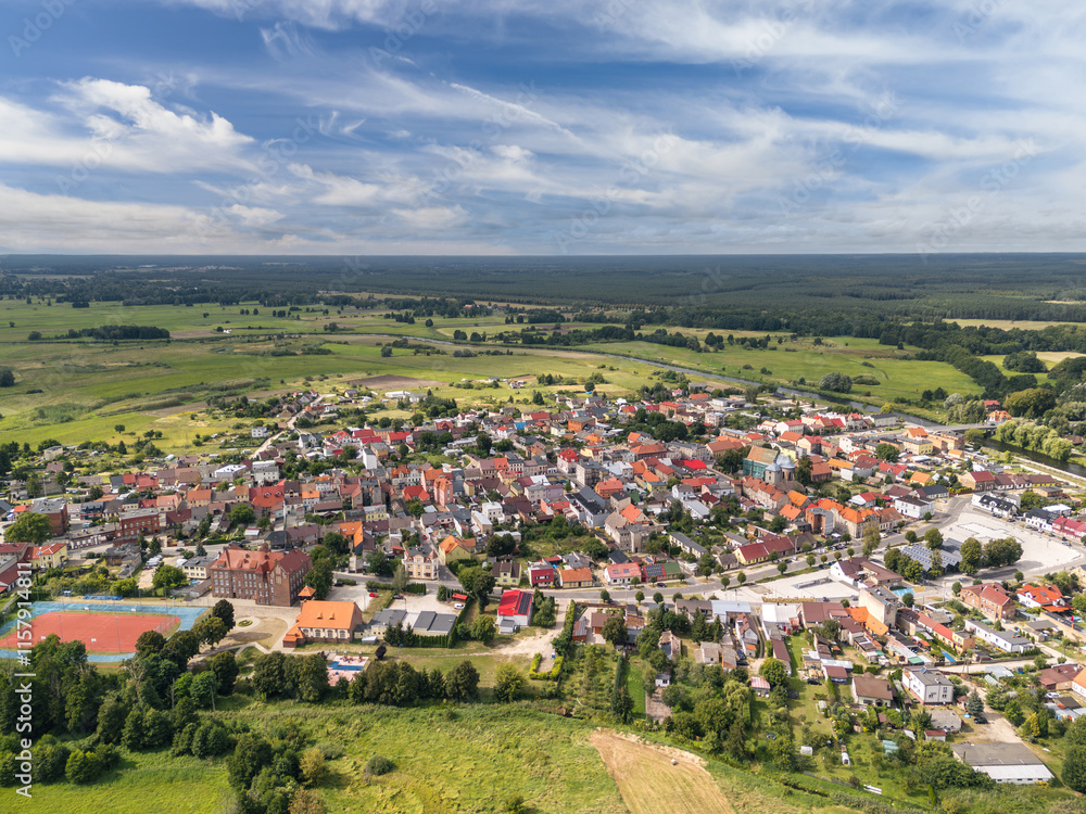 Summer aerial skyline cityscape of Wieleń, Wielkopolska, Poland. Wide panorama