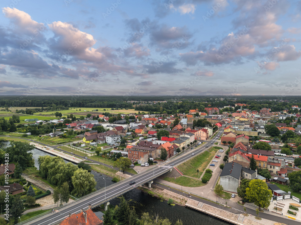 Summer aerial skyline cityscape of Wieleń, Wielkopolska, Poland. Wide panoramic view