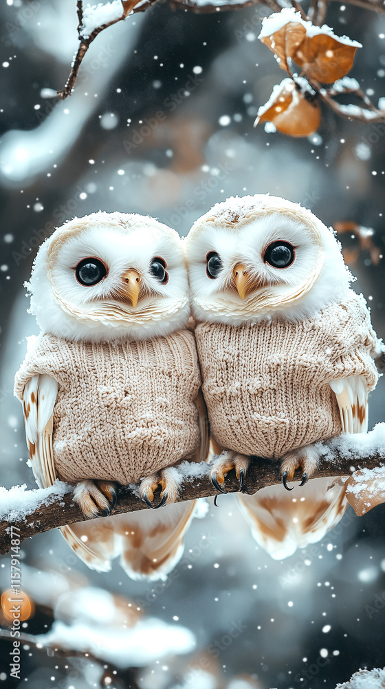 Fototapeta premium Two adorable owls wearing matching red sweaters in a snowy winter scene. Perfect for winter and holiday themes.