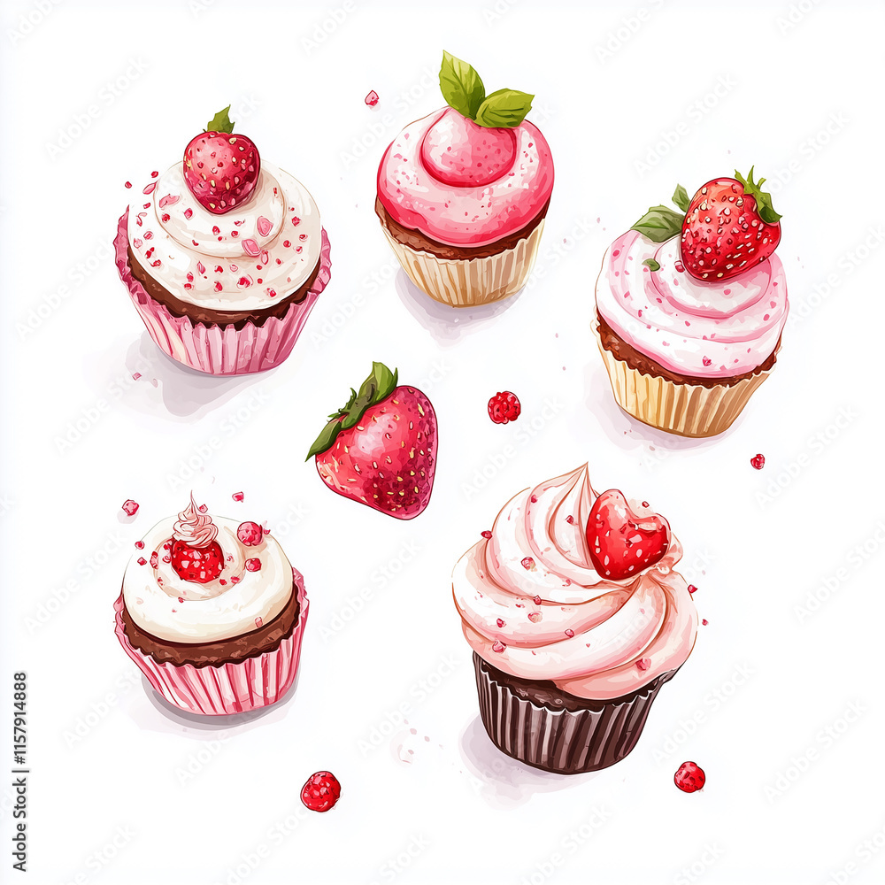 Delicious strawberry cupcakes with frosting and berries. Card for national cupcake day. Delicious strawberry cupcakes with frosting and berries. Card for national cupcake day.