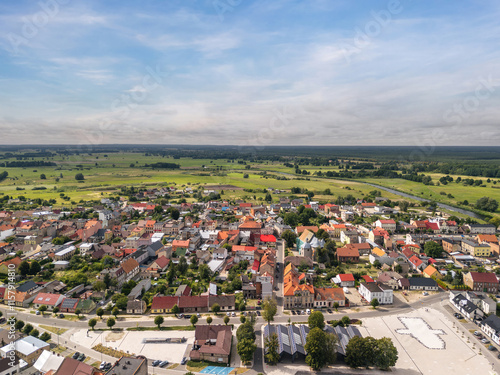 Summer aerial skyline cityscape of Wieleń, Wielkopolska, Poland. Wide panoramic view