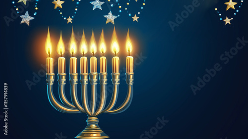 Lit menorah against a dark blue background with stars. Perfect for Hanukkah celebrations.