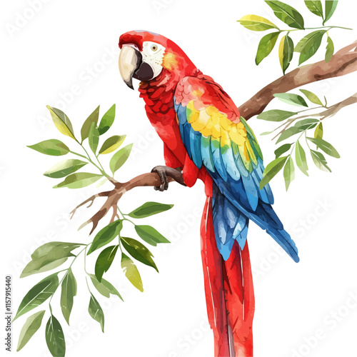 A vibrant illustration of a parrot climbing on a tree branch, showcasing its beautiful feathers and playful nature.


