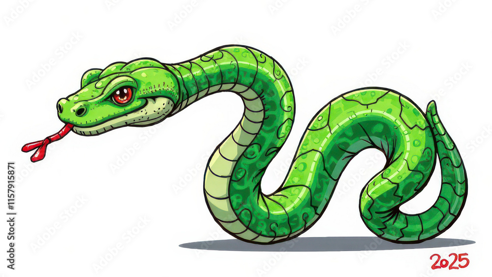 Naklejka premium Cartoon green snake with red eyes and forked tongue