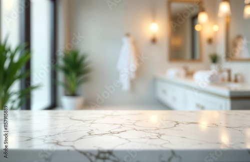 Stylish marble table top in modern bathroom setting. Blurred background shows elegant white vanity with double sinks, mirrors. Natural light illuminates smooth marble surface. Luxurious interior photo