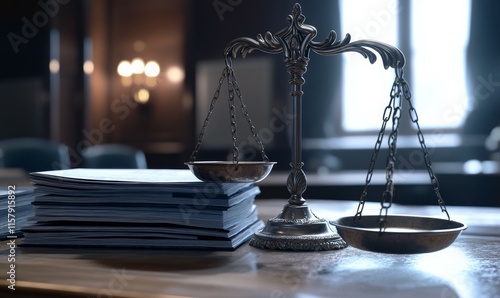 Legal scales tipped slightly, resting on a stack of case files in a polished courtroom setting.