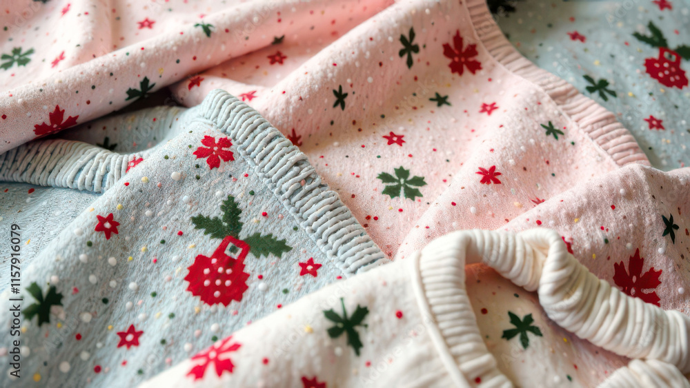 Colorful festive fabrics with holiday patterns in soft textures Colorful festive fabrics with holiday patterns in soft textures