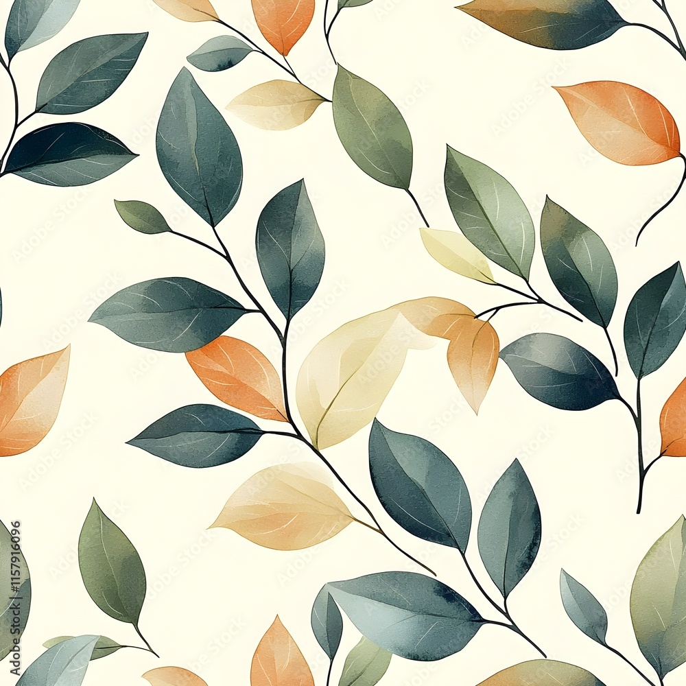 Seamless pattern with simplified leaf motifs in pastel sage green and peach colors Seamless pattern with simplified leaf motifs in pastel sage green and peach colors