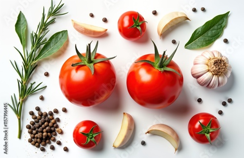 Fresh tomatoes herbs, spices arranged on white background. Ripe tomatoes, fresh herbs like rosemary, bay leaf part of composition. Garlic cloves, peppercorns included. Image conveys healthy, natural